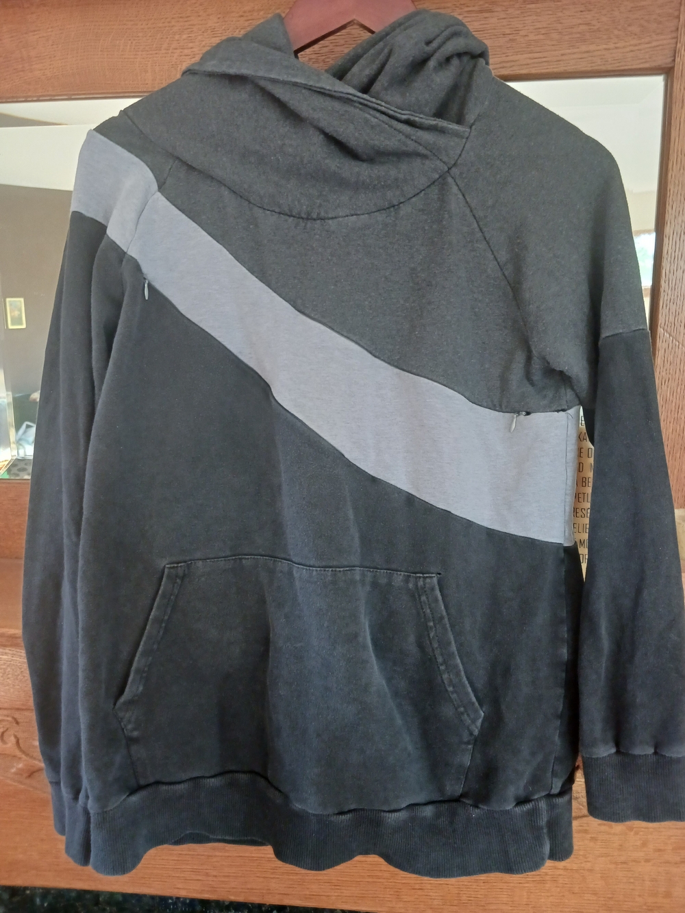 Cotton Nursing Black Hooded Pullover Sweatshirt with Light Gray Diagonal Stripe